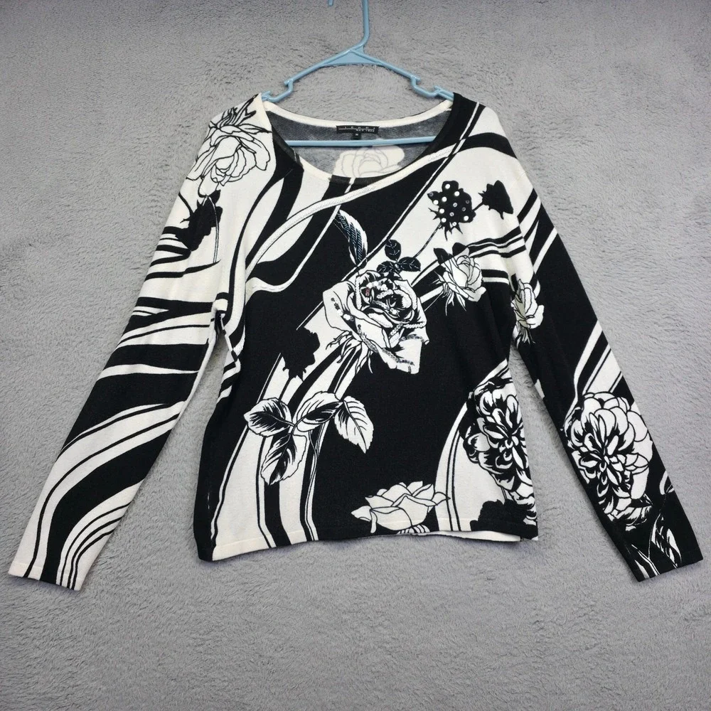 Pierri NY Sweater Womens M Black White‎ Floral Sequin Beaded Monochrome Elegant